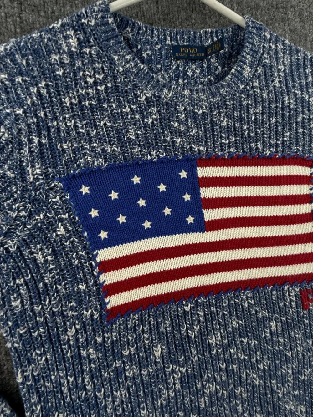 Polo Ralph Lauren XS Speckled USA Flag Chunky Knit Graphic Crew Neck Pullover